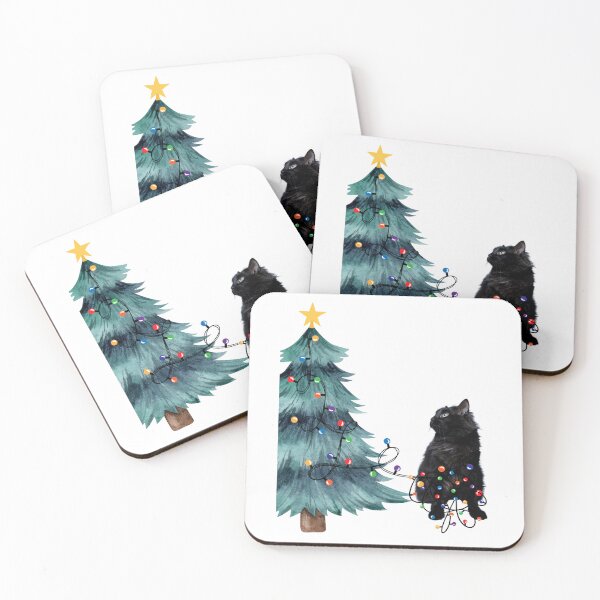 Artikelvorschau, Schwarze Weihnachtsmann-Katze verheddert sich in Lichtern, Weihnachtsmann entworfen und verkauft von Inspirely.
