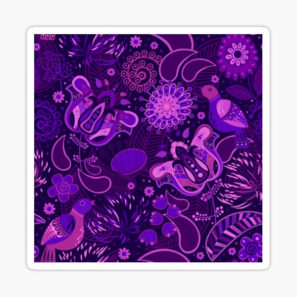 Aperçu de l'œuvre Purple Paisley Garden avec des plantes, des fleurs et des oiseaux créée et vendue par OutshineAll.
