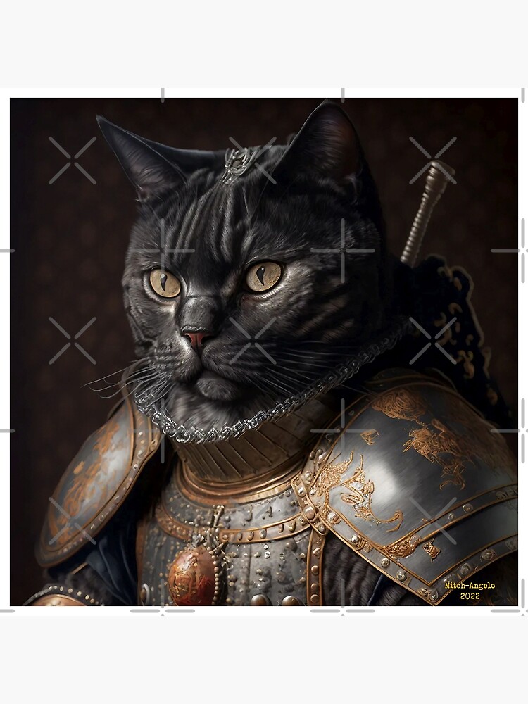 Poster for Sale mit Portrait Mittelalterliche Schwarze Katze In Rüstung  von Mitch-Angelo