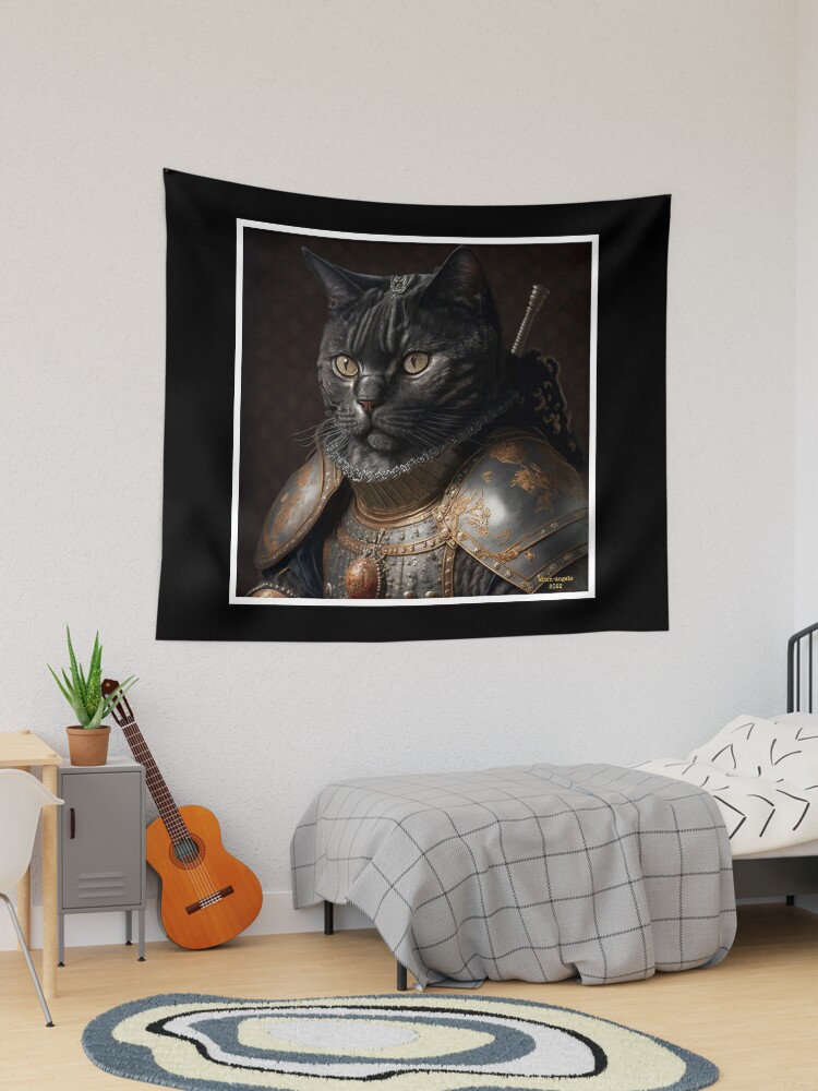 Wandbehang for Sale mit Portrait Mittelalterliche Schwarze Katze In Rüstung  von Mitch-Angelo