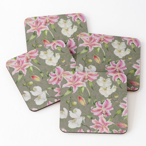 Item preview, Tropical White Orchids And Pink Lilies With Decorative Ornament Background designed and sold by Tina Veenstra.