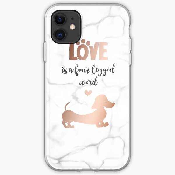 Kalligraphieskript und niedliche roségoldene Dackel (glattes Haar) Silhouette und Liebesherz auf einem Marmorarthintergrund.
Roségold iPhone Flexible Hülle
