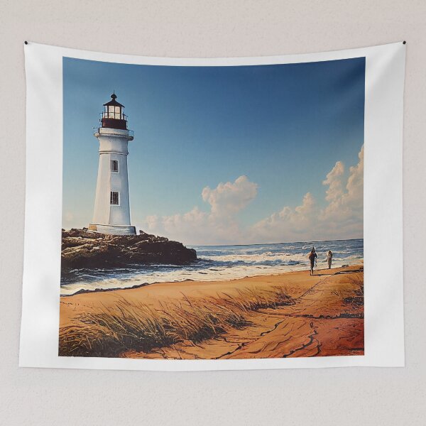Item preview, White Lighthouse on a Sunny Beach designed and sold by Wander Lost.