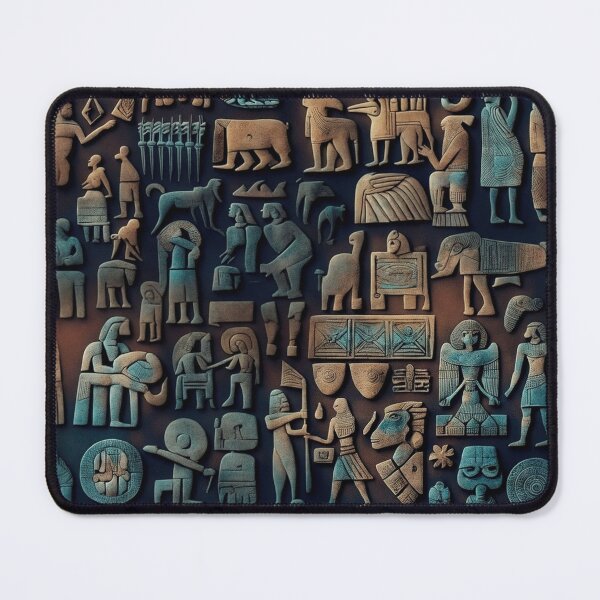 Item preview, Ancient Sumerian pictographs of olden rituals and creatures a blue and yellow pattern designed and sold by ArtifactVault.