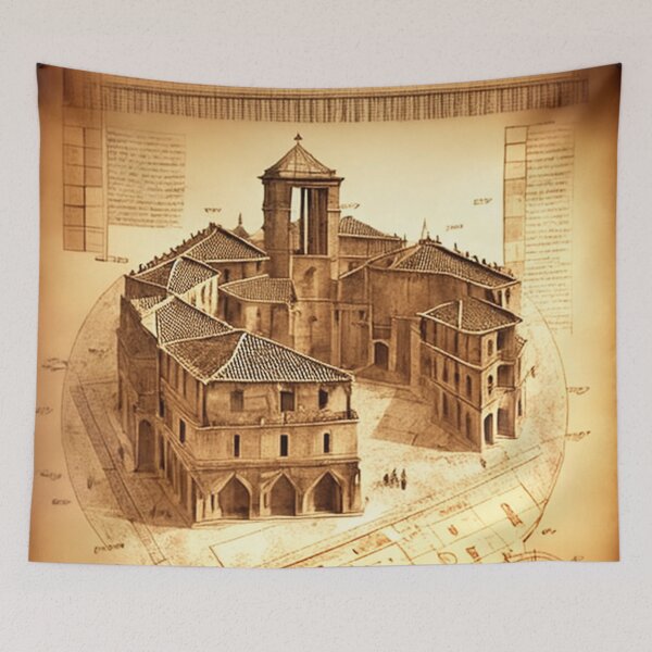 Item preview, Ancient Venetian olden building city block technical drawing with measurements and calculations in Leonardo da Vinci style designed and sold by ArtifactVault.