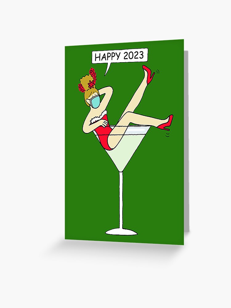 Tarjetas de felicitación «Feliz año nuevo 2023 Dama de dibujos animados con  una máscara facial sentada en una copa de cóctel» de KateTaylor | Redbubble