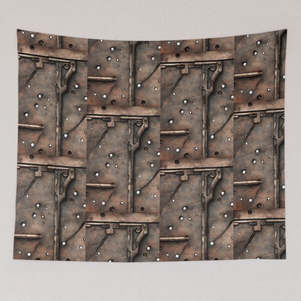 Item preview, Bullet holes in industrial  metal surface wallpaper designed and sold by patterncrow.