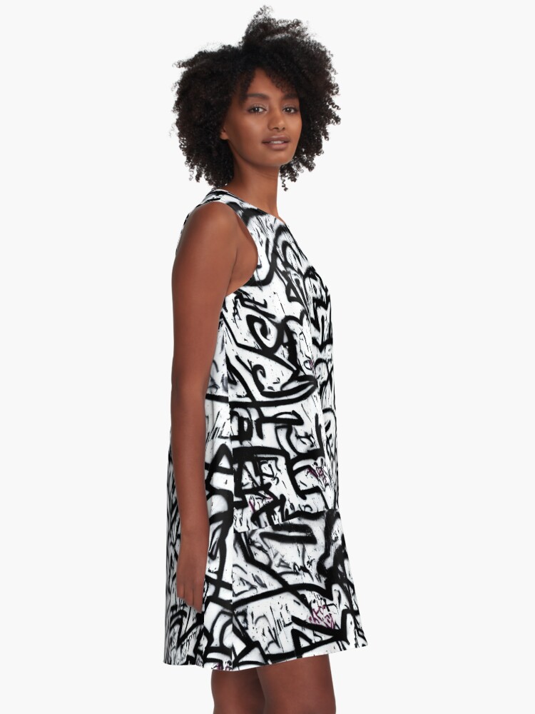 Thumbnail 2 of 4, A-Line Dress, Black and white graffiti street art tags wallpaper designed and sold by patterncrow.