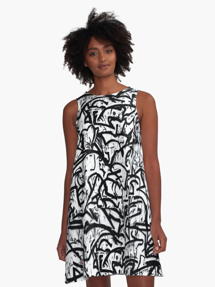 Thumbnail 1 of 4, A-Line Dress, Black and white graffiti street art tags wallpaper designed and sold by patterncrow.