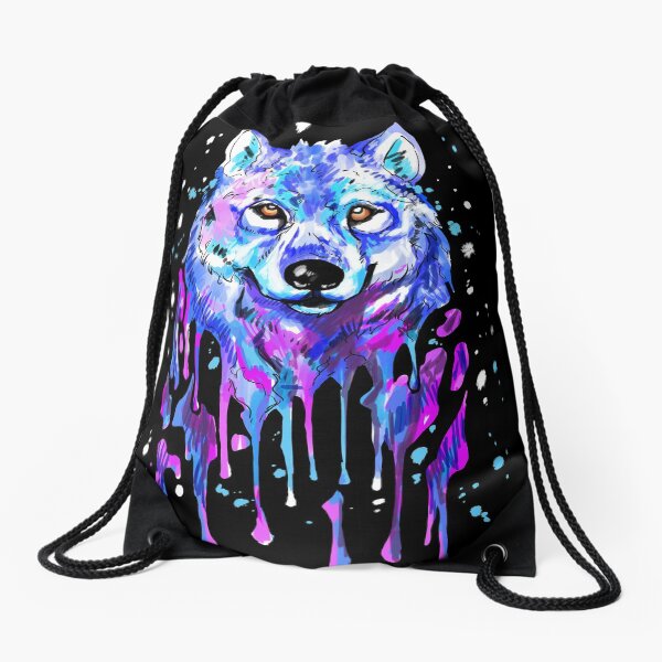 Water Color Splash Wolf Drawstring Bag