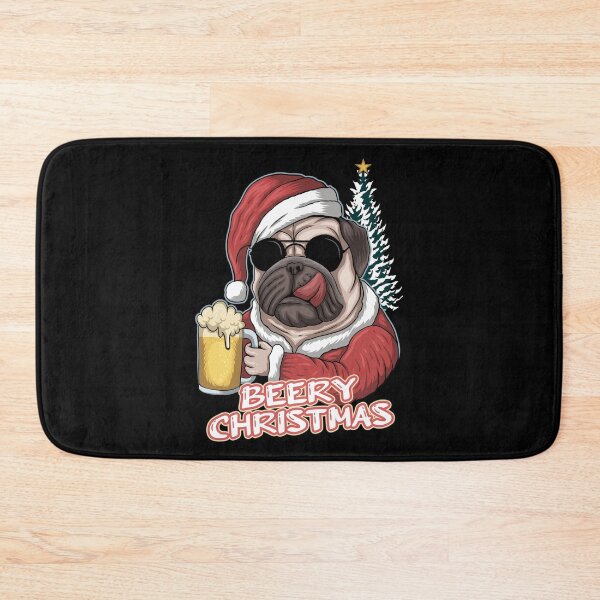 Item preview, Beery Christmas - A pug wearing sunglasses in a Christmas costume with a beer glass and the slogan Beery Christmas designed and sold by velisani.