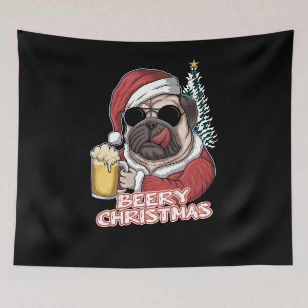 Item preview, Beery Christmas - A pug wearing sunglasses in a Christmas costume with a beer glass and the slogan Beery Christmas designed and sold by velisani.