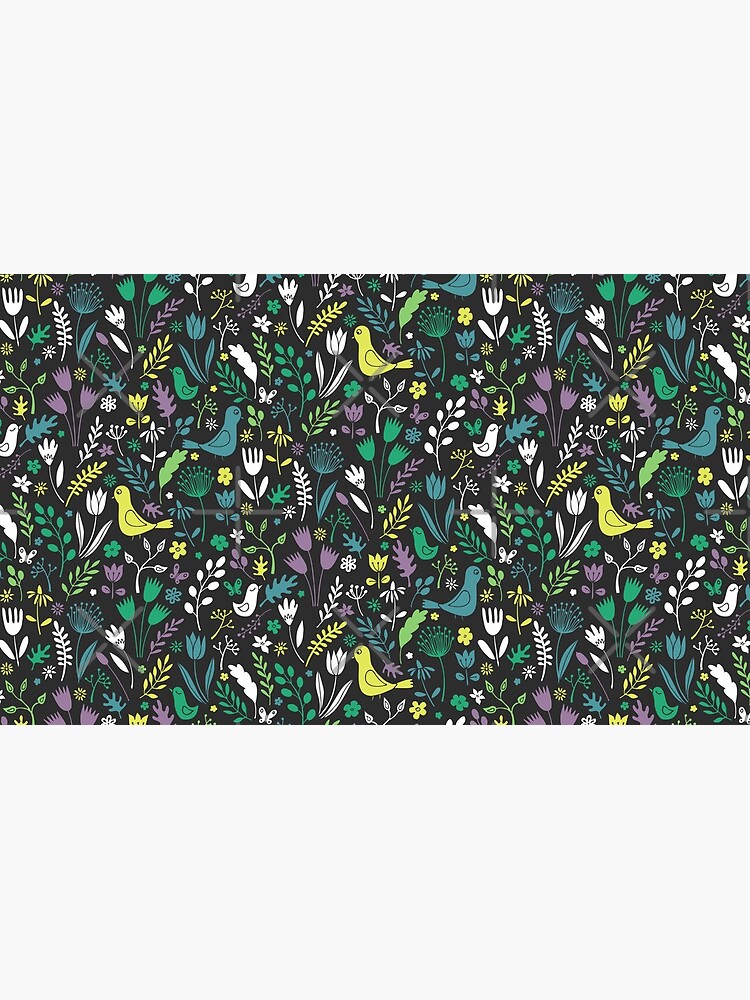 Paper-cut meadow - teal, lemon and green on charcoal - pretty floral bird pattern by Cecca Designs by Cecca-Designs