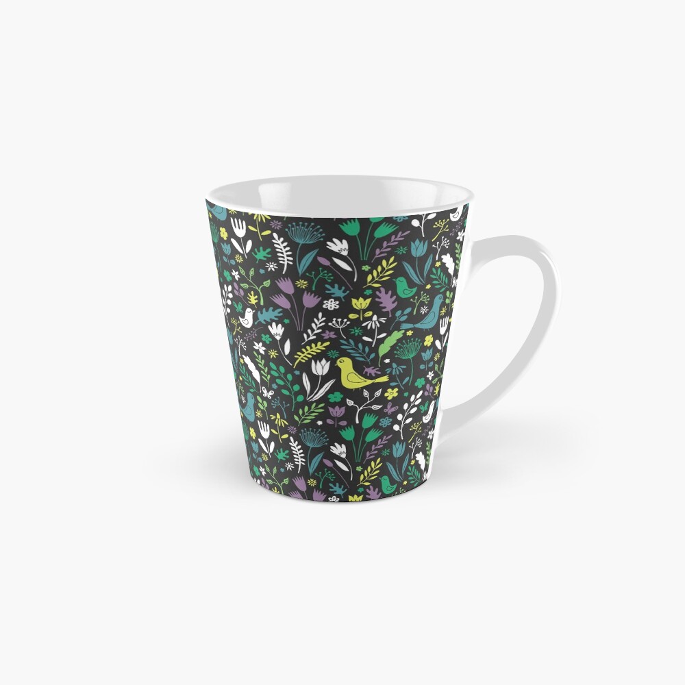 Paper-cut meadow - teal, lemon and green on charcoal - pretty floral bird pattern by Cecca Designs Mug