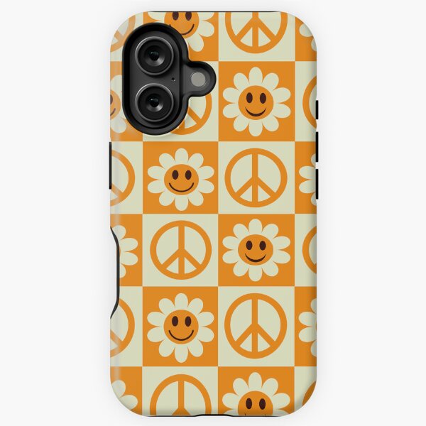 Aperçu de l'œuvre  Motif de fleurs et de signes de paix Smiley à carreaux orange créée et vendue par Yasminepatterns .