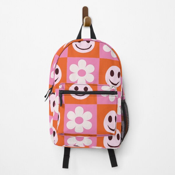 Item preview, Checkered White flowers and Smiling faces pattern on pink and orange squares  designed and sold by Yasminepatterns .