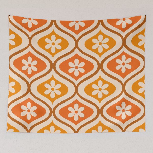 Item preview, Retro white flower on orange and amber ogee pattern   designed and sold by Yasminepatterns .
