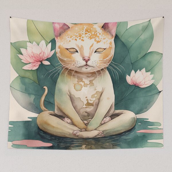 Item preview, Meditating cat in lotus watercolor 16 designed and sold by printiesart.