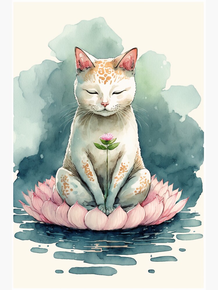 “Meditating cat in lotus watercolor 16” Sticker for Sale by printiesart