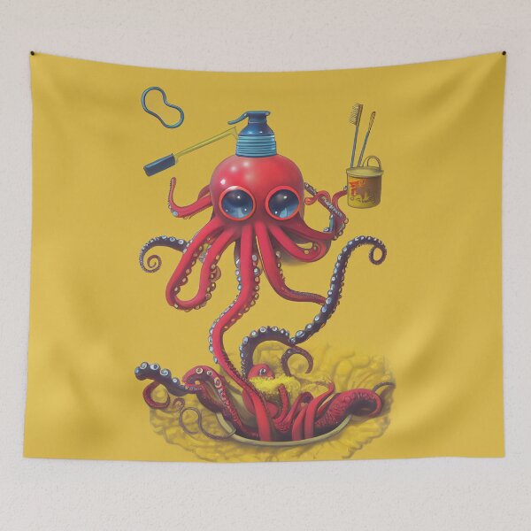 Item preview, Red octopus cleans up, yellow background designed and sold by Rebelka.