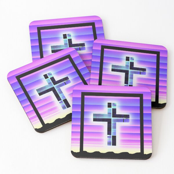 Item preview, Cross with synthwave looking sky in the background designed and sold by SJG-digital.
