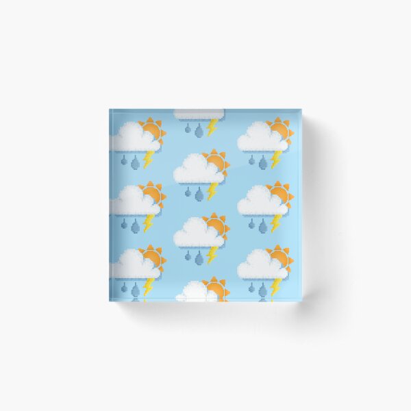 Retro Sunny Rain Storm Pixel Design Acrylic Block