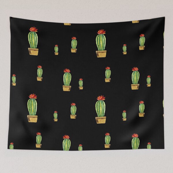 Item preview, Cactus green red flower pattern watercolor sketch black designed and sold by Yana Mustafina | Boho Soulful Designs.