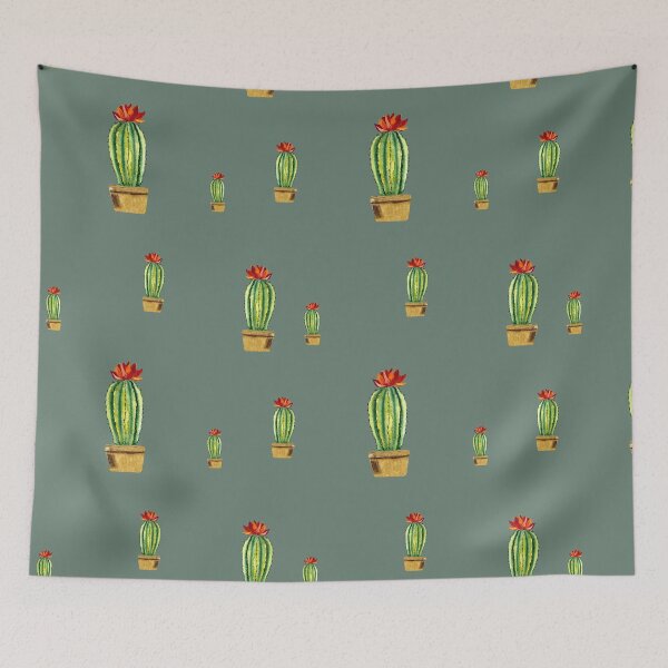 Item preview,  Cactus green red flower pattern watercolor sketch mint designed and sold by Yana Mustafina | Boho Soulful Designs.