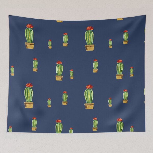 Item preview,  Cactus green red flower pattern watercolor sketch blue designed and sold by Yana Mustafina | Boho Soulful Designs.