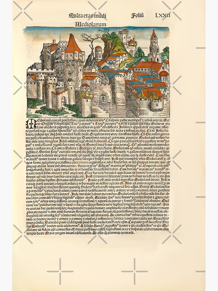 Disover Milan, Milano, Mediolan, Italy - The Nuremberg Chronicle, 1493 - Middle Ages Manuscript Old Printed Book Premium Matte Vertical Poster