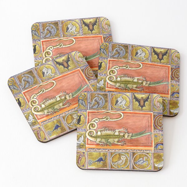 Item preview, MEDIEVAL BESTIARY,CROCODILE EATING SEA SERPENT, MYTHICAL ANIMALS IN GOLD PINK BLUE COLORS designed and sold by BulganLumini.