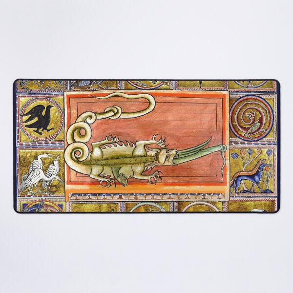 Item preview, MEDIEVAL BESTIARY,CROCODILE EATING SEA SERPENT, MYTHICAL ANIMALS IN GOLD PINK BLUE COLORS designed and sold by BulganLumini.