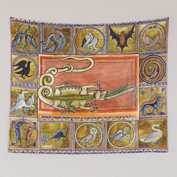 Item preview, MEDIEVAL BESTIARY,CROCODILE EATING SEA SERPENT, MYTHICAL ANIMALS IN GOLD PINK BLUE COLORS designed and sold by BulganLumini.