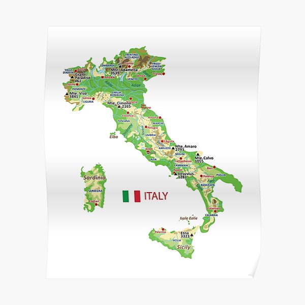 Italy Map With Rivers Lakes And Mountains Poster For Sale By Alijun Poster,504x498,f8f8f8 Pad,600x600,f8f8f8.u2 