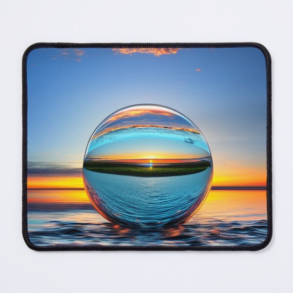 Item preview, Abstract art of a crystal sphere hovering above the ocean and reflecting the setting sun. Digital art designed and sold by Bookwyrm-Bazaar.