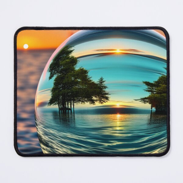 Item preview, Abstract art of a crystal sphere hovering above the ocean and reflecting the setting sun. Digital art designed and sold by Bookwyrm-Bazaar.