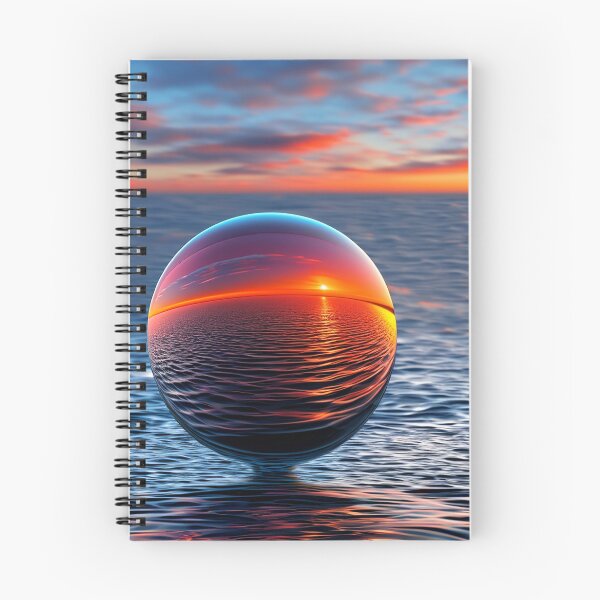Item preview, Abstract art of a crystal sphere hovering above the ocean and reflecting the setting sun. Digital art designed and sold by Bookwyrm-Bazaar.