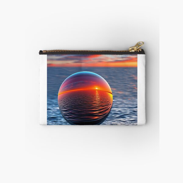Item preview, Abstract art of a crystal sphere hovering above the ocean and reflecting the setting sun. Digital art designed and sold by Bookwyrm-Bazaar.