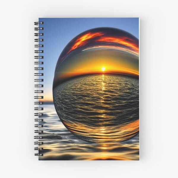 Item preview, Abstract art of a crystal sphere hovering above the ocean and reflecting the setting sun. Digital art designed and sold by Bookwyrm-Bazaar.