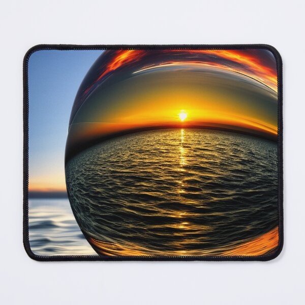 Item preview, Abstract art of a crystal sphere hovering above the ocean and reflecting the setting sun. Digital art designed and sold by Bookwyrm-Bazaar.
