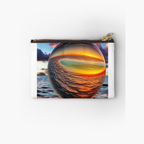 Item preview, Abstract art of a crystal sphere hovering above the ocean and reflecting the setting sun. Digital art designed and sold by Bookwyrm-Bazaar.