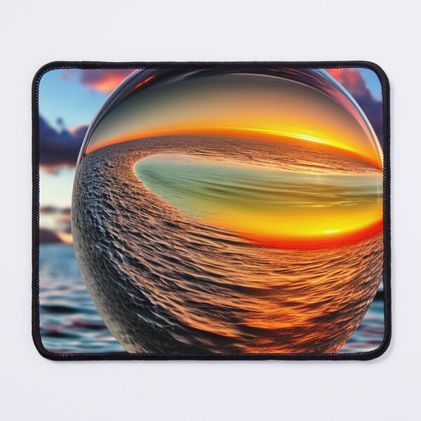 Item preview, Abstract art of a crystal sphere hovering above the ocean and reflecting the setting sun. Digital art designed and sold by Bookwyrm-Bazaar.