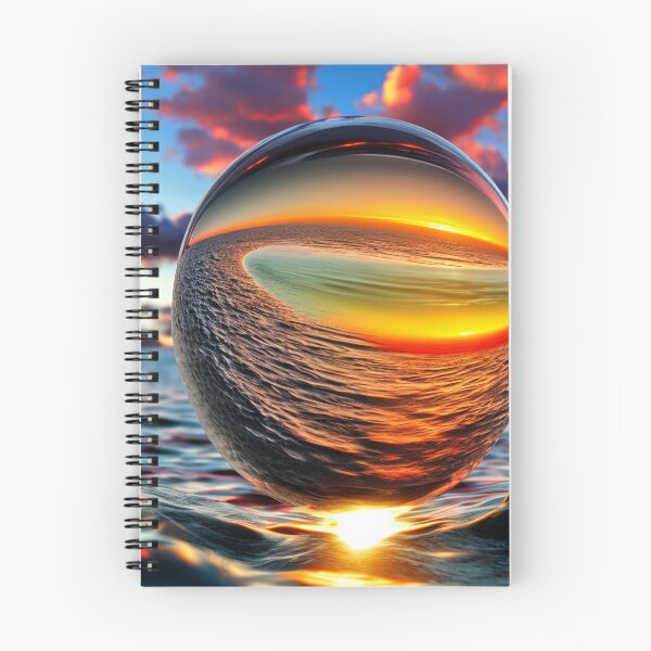 Item preview, Abstract art of a crystal sphere hovering above the ocean and reflecting the setting sun. Digital art designed and sold by Bookwyrm-Bazaar.