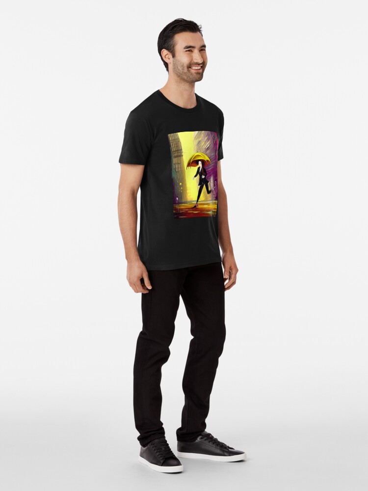 Vista alternativa de Camiseta premium Mujer con paraguas bajo la lluvia de New York