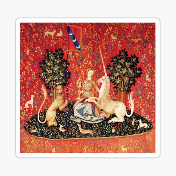 LADY AND UNICORN ,SIGHT Red Green Fantasy Flowers,Animals Sticker