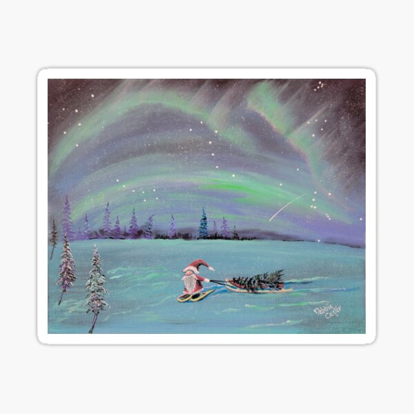 Gnome Under Aurora Pulling a Christmas Tree Sticker