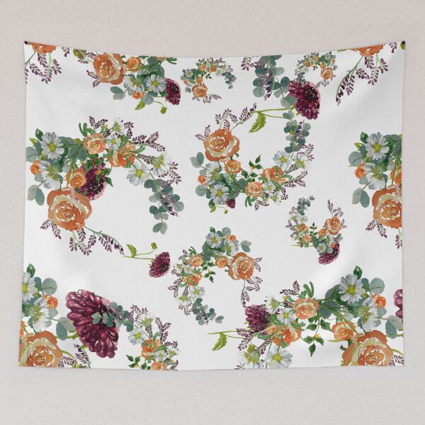 Item preview, Dahlia red rose daisy pattern watercolor designed and sold by Yana Mustafina | Boho Soulful Designs.