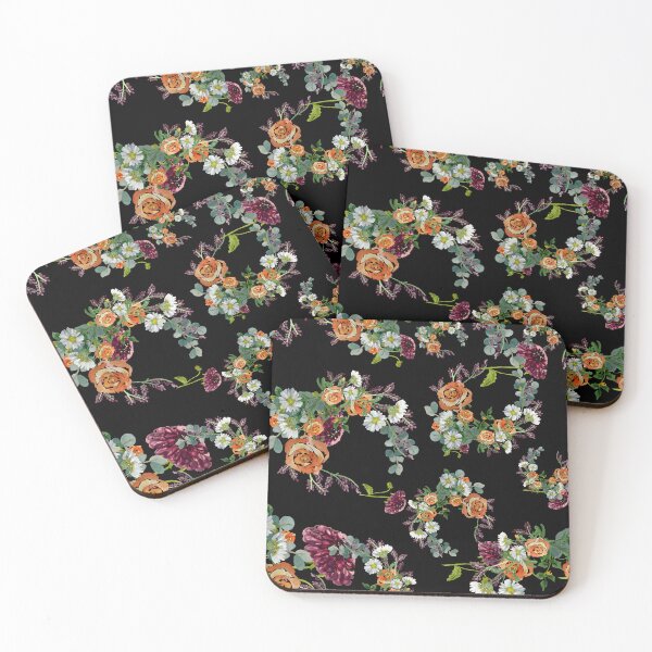 Aperçu de l'œuvre Dahlia red rose daisy pattern watercolor black créée et vendue par Yana Mustafina | Boho Soulful Designs.