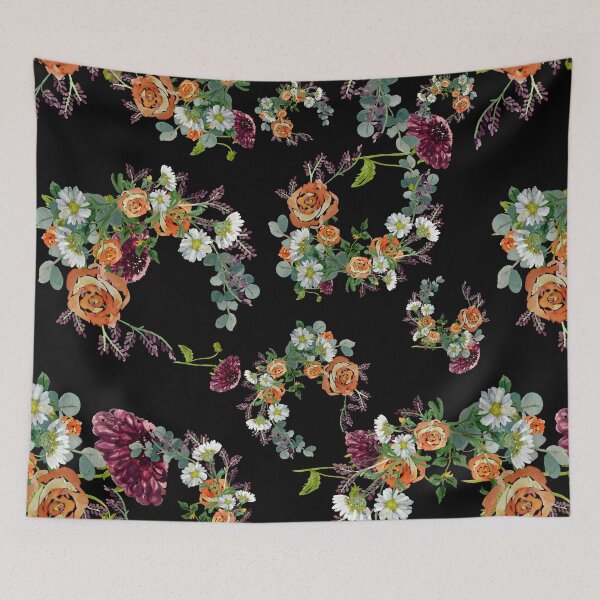 Artikelvorschau, Dahlia red rose daisy pattern watercolor black entworfen und verkauft von Yana Mustafina | Boho Soulful Designs.