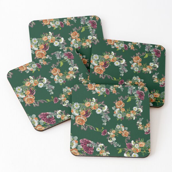 Aperçu de l'œuvre Dahlia red rose daisy pattern watercolor green créée et vendue par Yana Mustafina | Boho Soulful Designs.